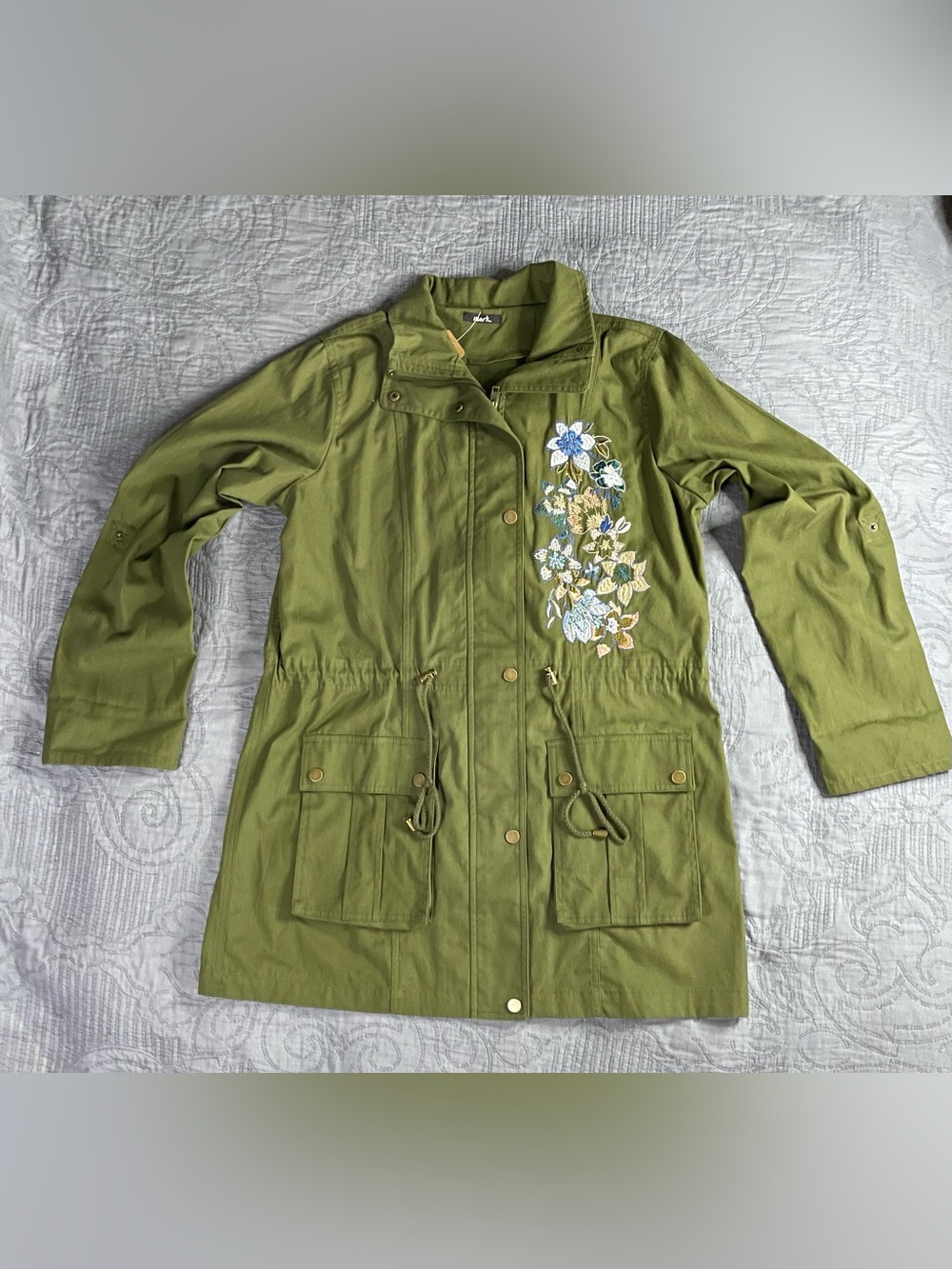 Mark By Avon Women’s Military Jacket Green Cotton Embroidered Floral Boho Size:M